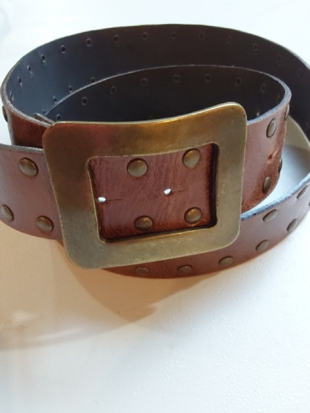 Sangiorgio|Double Studded Leather Belt Boho Rocker Brown Brass Buckle M